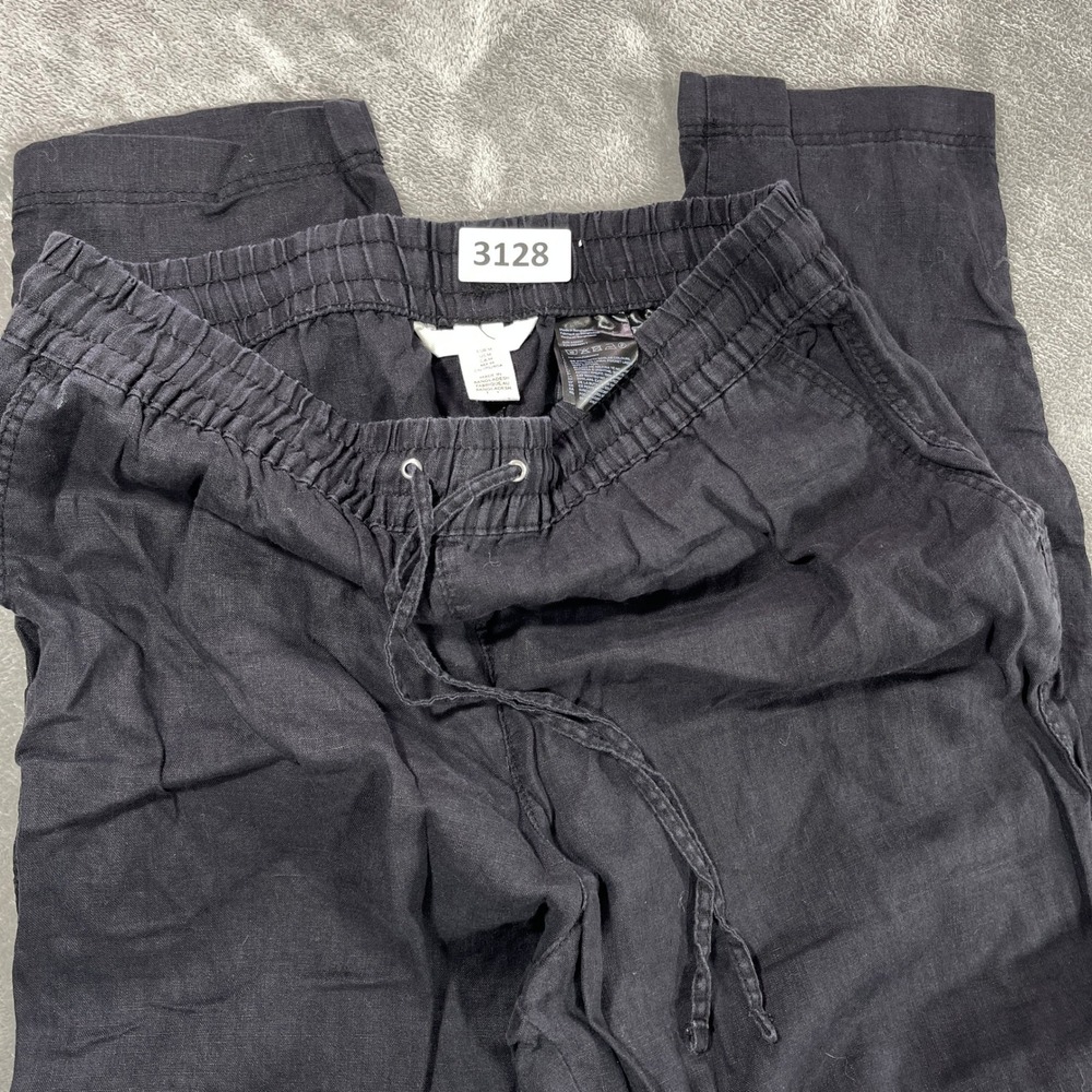 H&M Linen Blend Pants Women Size M Black Drawstring Elastic Waist Tapered Leg